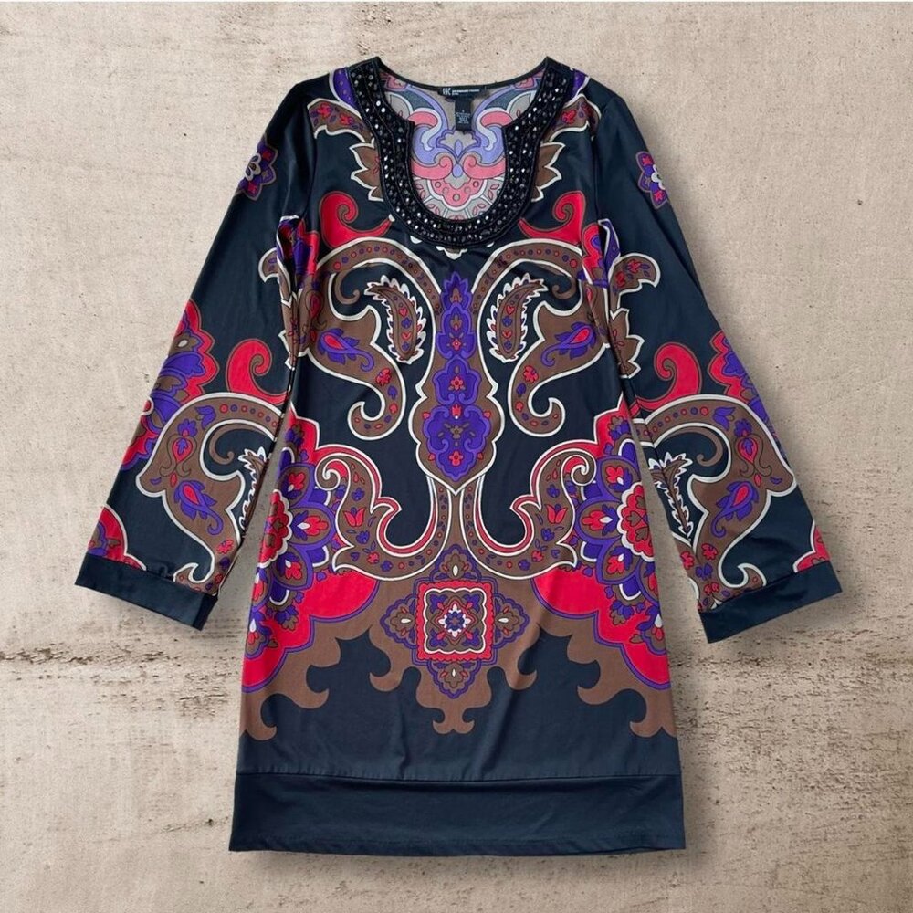NWT INC Paisley Print‎ Mini Dress Psychedelic Mod Boho Beaded Jewel Neck Size S
